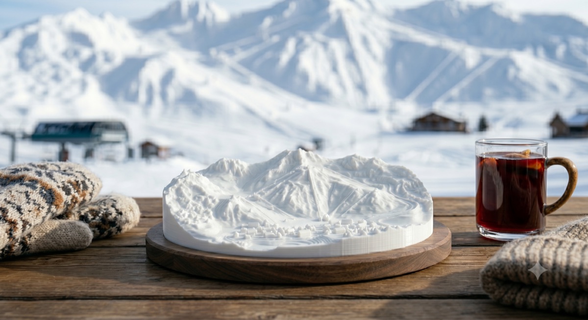 3D-printed ski resort terrain model on a table with a snowy mountain backdrop