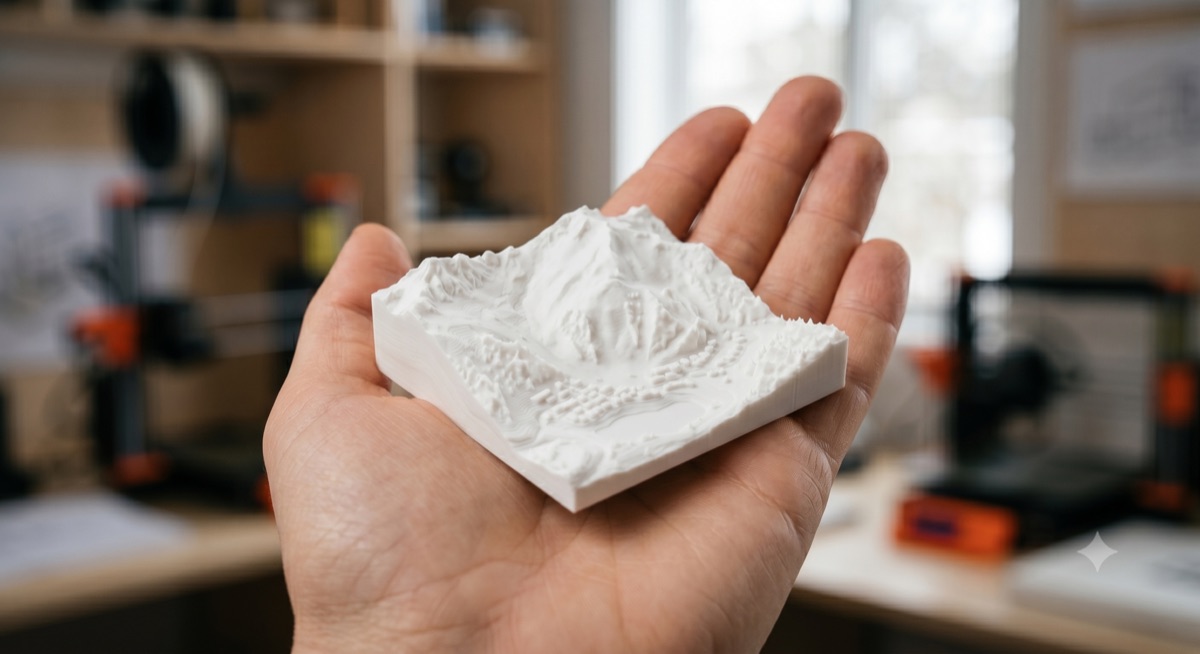 Palm-sized 3D-printed terrain model held in a hand