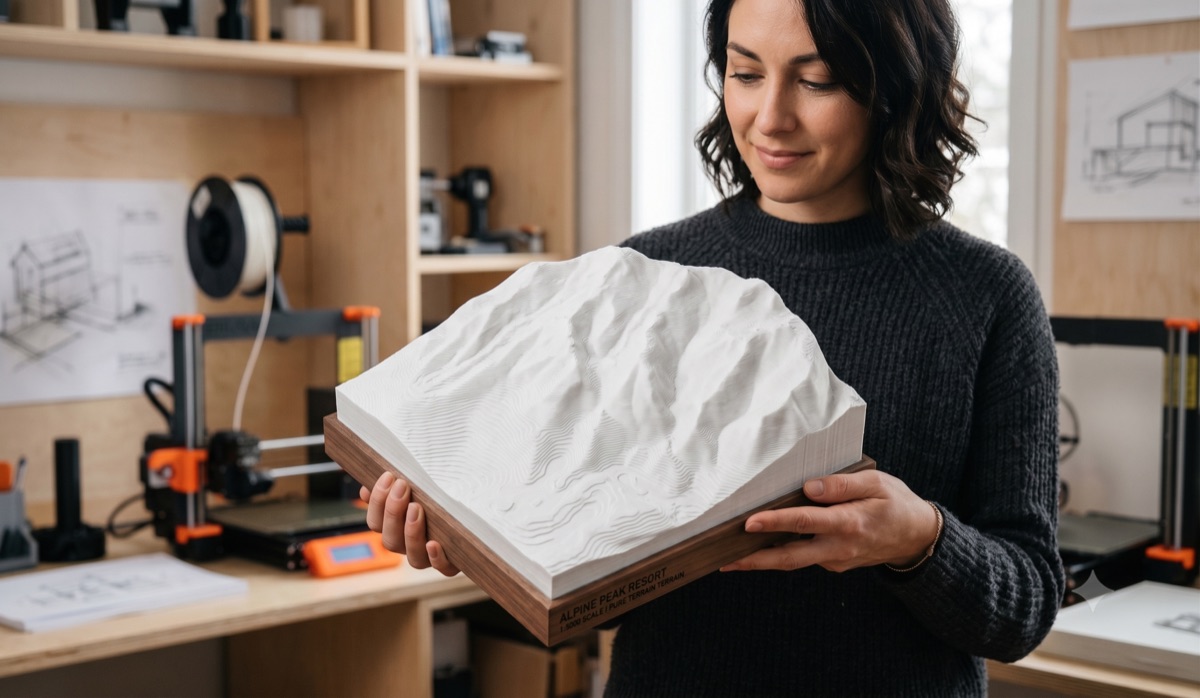 Person holding a large 3D-printed alpine resort terrain model in a studio