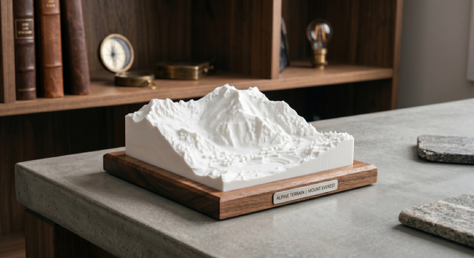 3D-printed terrain model of Mount Everest on a walnut display base